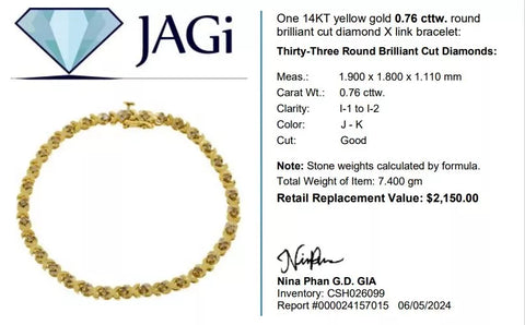 14KT Yellow Gold 0.76 cttw. Round Brilliant Cut Diamond X Link Bracelet. 5"