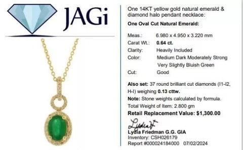 14K Yellow Gold Natural Emerald & Diamond Pendant with 14K Yellow Gold Chain