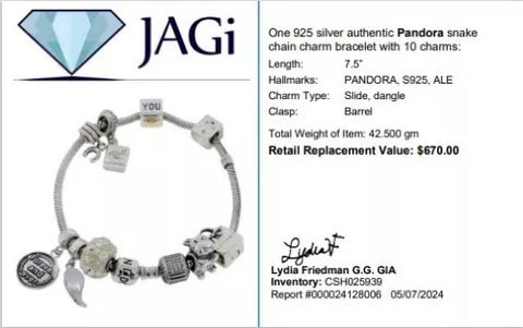 Pandora Snake Chain Charm Bracelet with 10 Charms 925 Silver 42.5g 7.5"