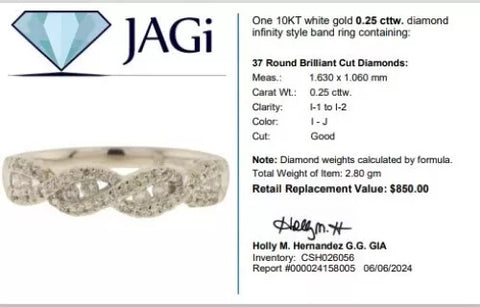 10K White Gold Diamond Infinity Style Band Ring Size 6.75