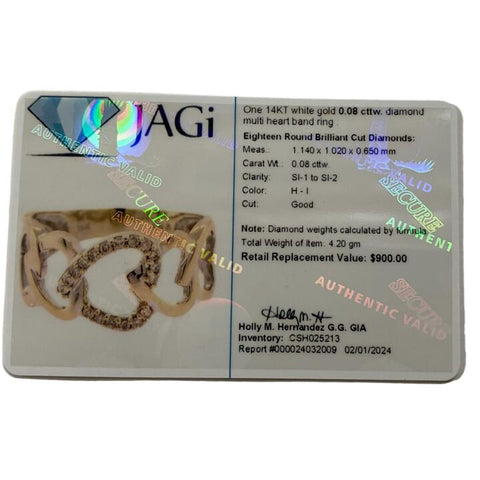 14K White Gold 4.2g 18 Diamonds 0.08 Carat T.W. Multi Heart Band Ring Size 8.5