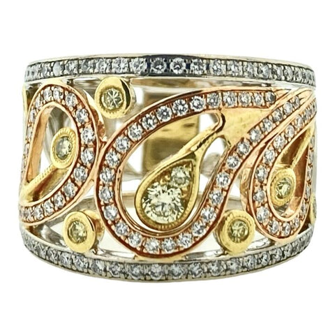 18K Tri-color Gold 11g 132 Diamonds .830cttw Diamond Fashion Ring Size 6.5