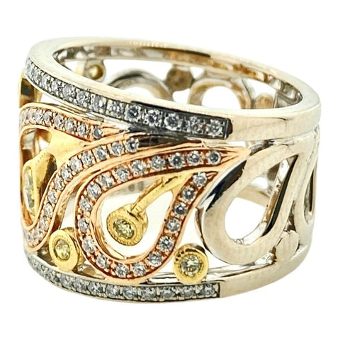 18K Tri-color Gold 11g 132 Diamonds .830cttw Diamond Fashion Ring Size 6.5