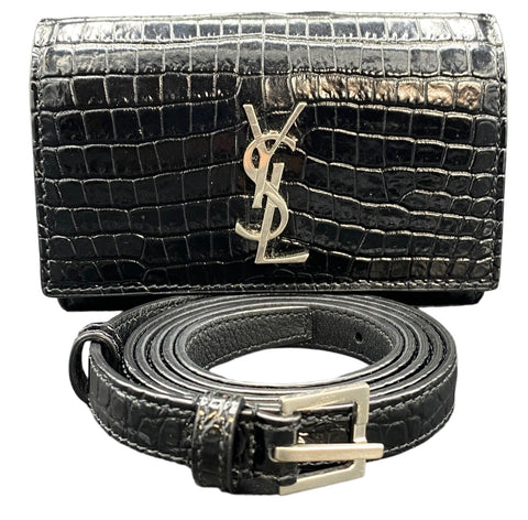 Saint Laurent Calfskin Crocodile Embossed Monogram Kate Belt Bag Black