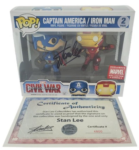 Captain America/ Ironman Civil War  Funko POP! Collector Corps Action Pose 2-Pack Autographed by Stan Lee with COA